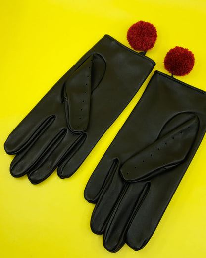 Black & Red Lamb Leather Pom Pom Gloves