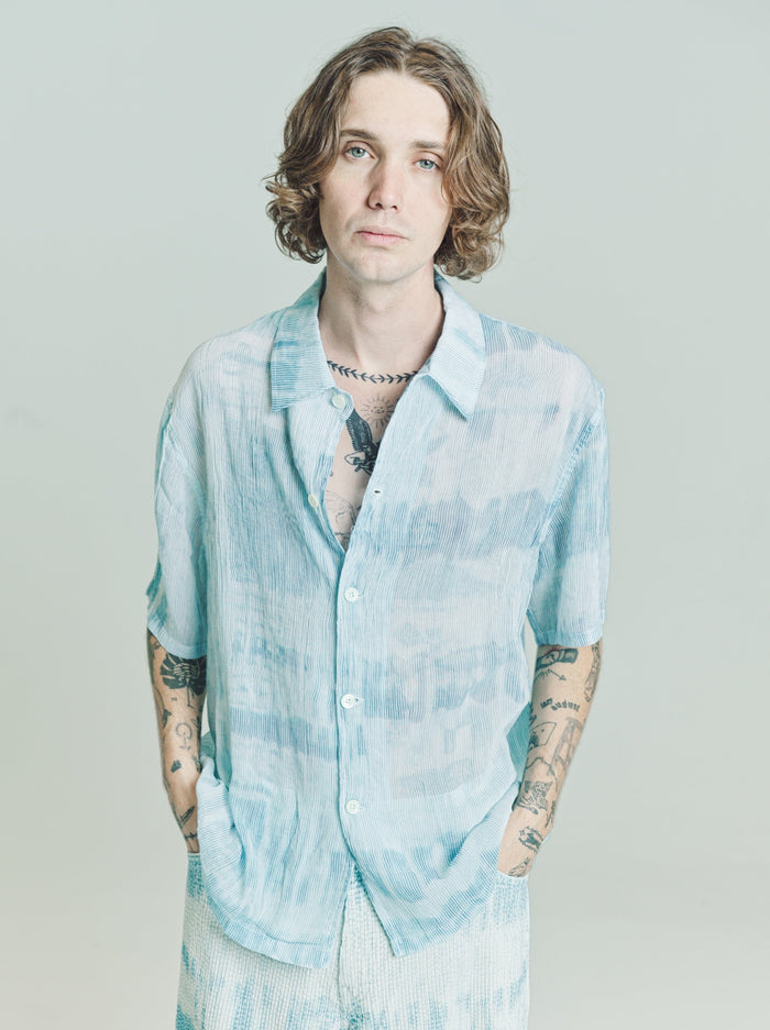 Blue Brush Stroke Print Box Short Sleeve Shirt