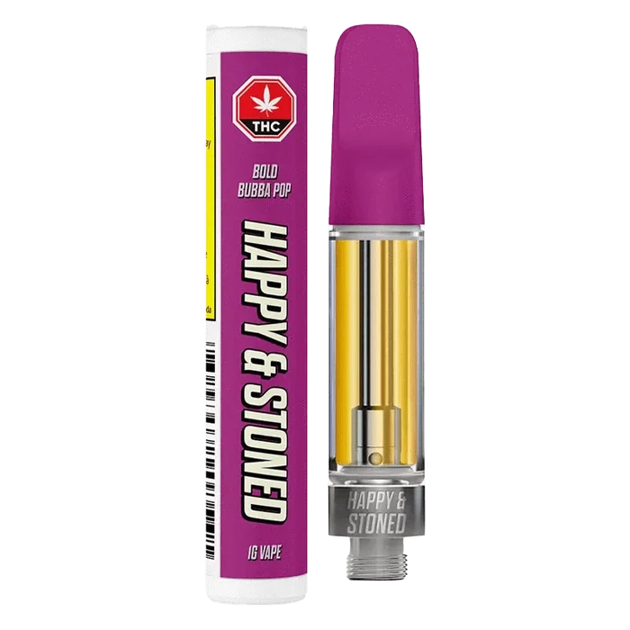 Front view of the Bold Bubba Pop Disty+Diamond Vape Cartridge, showcasing its metallic and clear construction against a plain background.