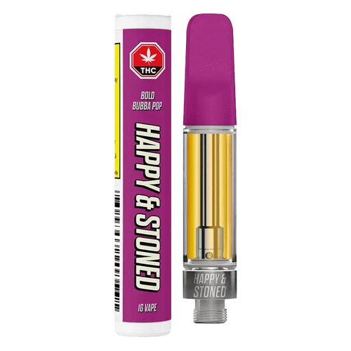 Front view of the Bold Bubba Pop Disty+Diamond Vape Cartridge, showcasing its metallic and clear construction against a plain background.