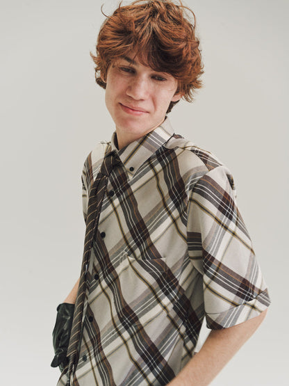 Brown Diagonal Plaid Viscose Short Sleeve Shirt | Ernest W. Baker | DEPARTAMENTO