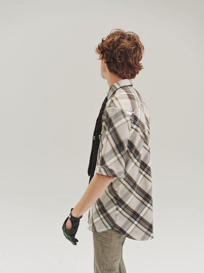 Brown Diagonal Plaid Viscose Short Sleeve Shirt | Ernest W. Baker | DEPARTAMENTO