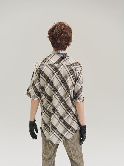 Brown Diagonal Plaid Viscose Short Sleeve Shirt | Ernest W. Baker | DEPARTAMENTO