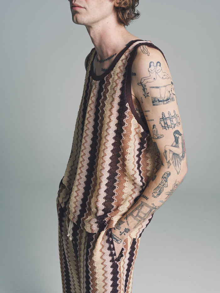 Brown Wave Poly Knitted Tank Top