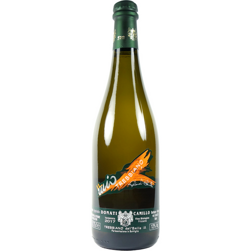 Camillo Donati Trebbiano Frizzante sparkling wine bottle, green glass with colorful label