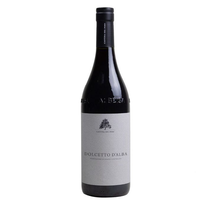 Cantina del Pino Dolcetto d'Alba 2023 wine bottle, black and white label