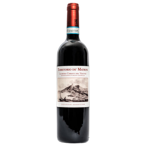 Red wine bottle with red capsule, label 'Territorio de Matroni' and 'Lacryma Christi'