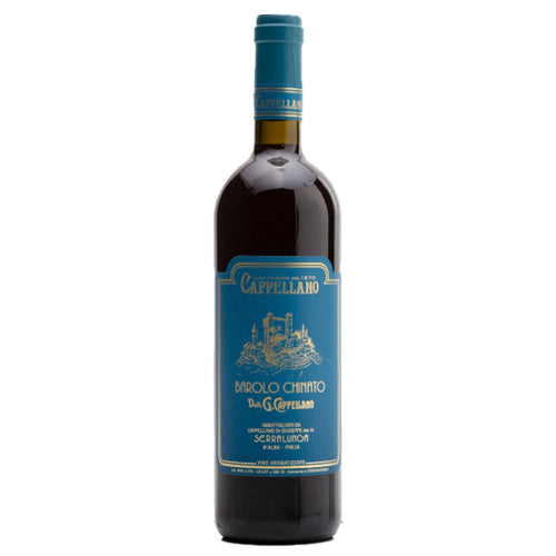Cappellano Barolo Chinato wine bottle, dark glass with blue label