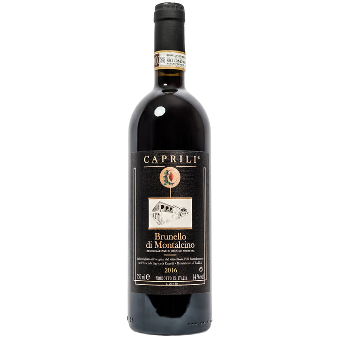 Caprili Brunello di Montalcino 2018 dark wine bottle with label