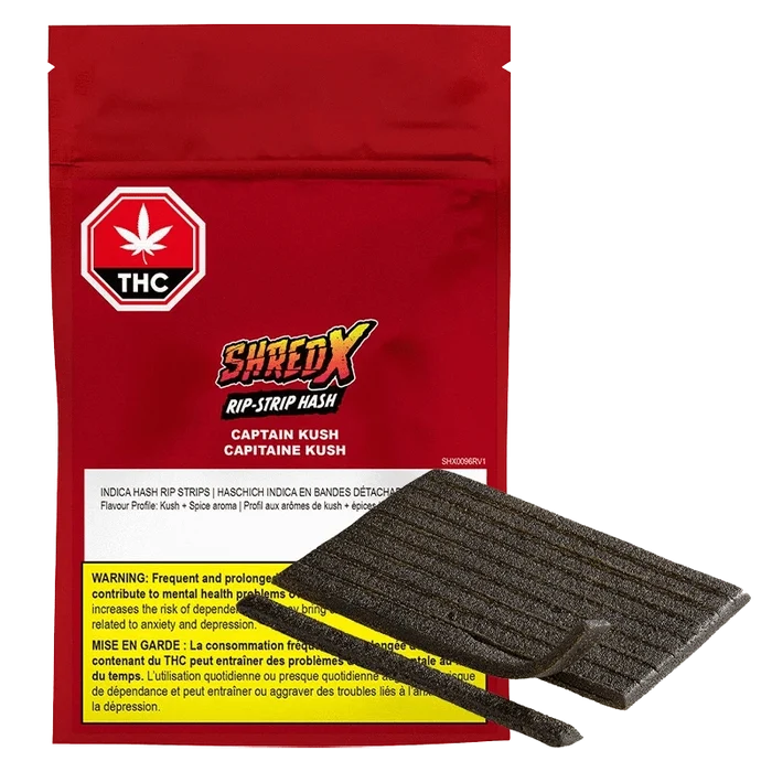 A close-up of the Captain Kush Rip Strips packaging with bold graphics, a tilted angle, and a dark background.