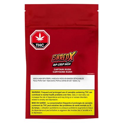 Close-up of Captain Kush Rip Strips packaging with bold red text against a dark background, displaying a warning.