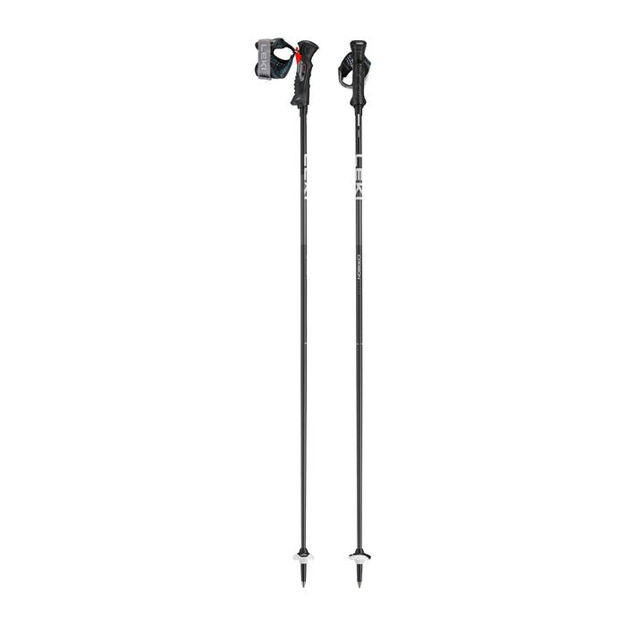 Two black carbon ski poles with white branding and silver carbide tips, shown upright against a plain white background.
