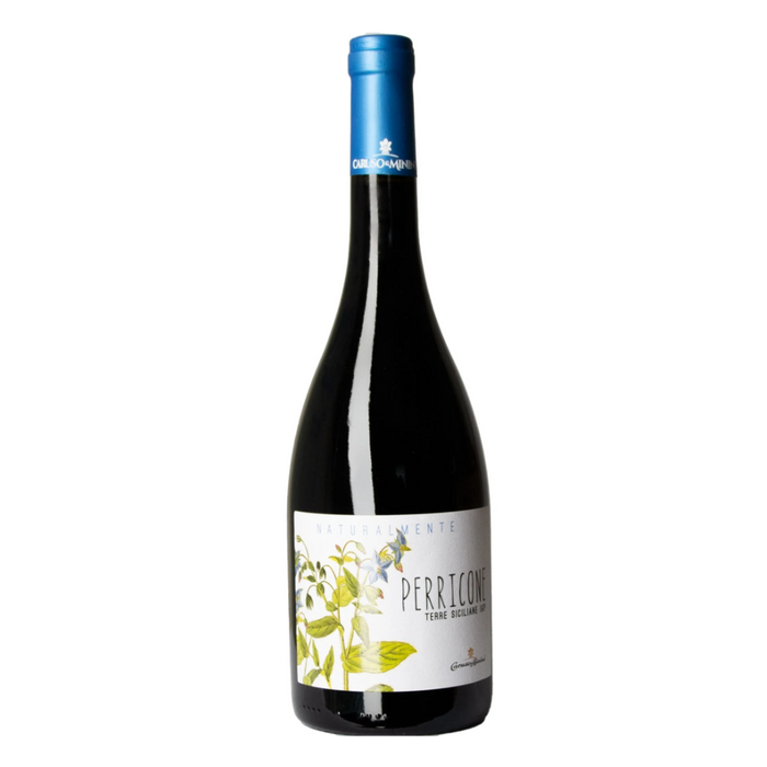 Dark wine bottle with blue foil cap and Perricone label with citrus leaves