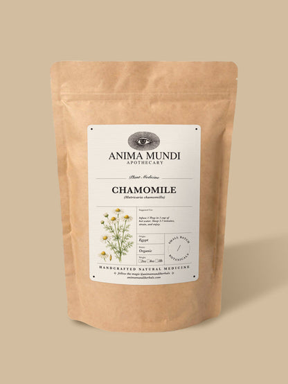 A kraft paper stand-up pouch of Anima Mundi Apothecary Chamomile herbal tea, shown on a solid beige background.