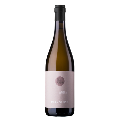 Ciavolich Aries Pecorino 2025 wine bottle with black cap and pale label