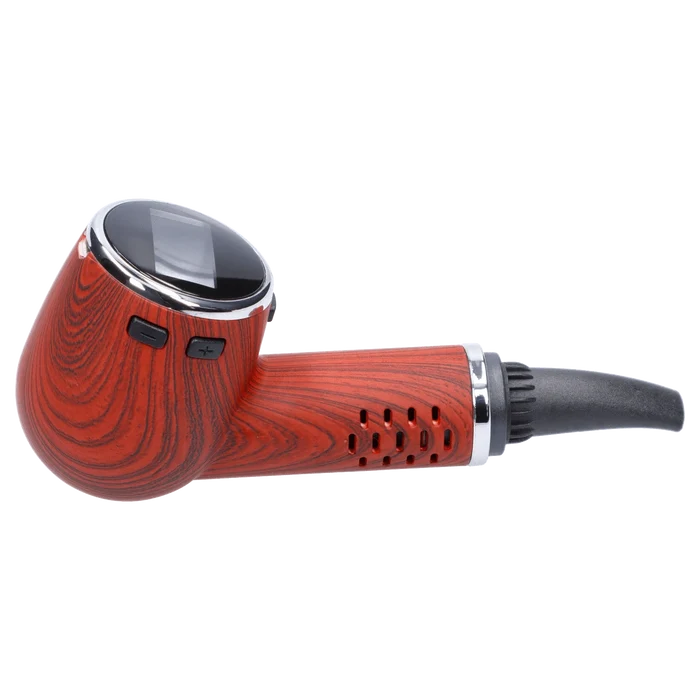 A three-quarter view of the Cipher Nautilus Dry Herb Vaporizer – Redheart Wood, showcasing its woodgrain finish and sleek design.