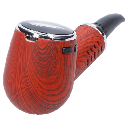 A three-quarter view of the Cipher Nautilus Dry Herb Vaporizer in a redheart wood finish, angled against a plain white background.