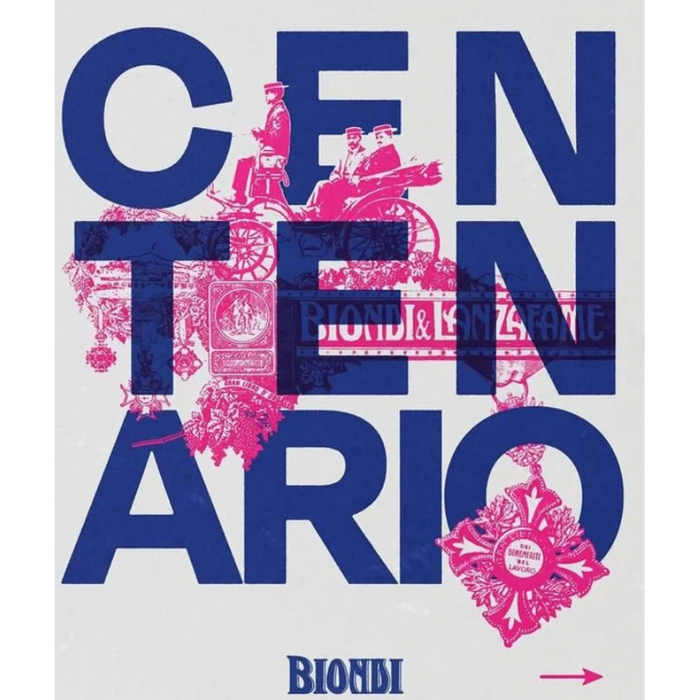 Red wine label with bold blue lettering and pink baroque-style ornaments