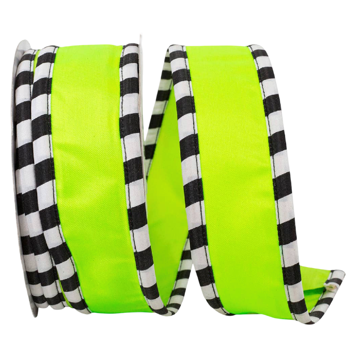 A roll of ribbon with a bright neon yellow-green center and black-and-white checkered edges, photographed on a plain white background.