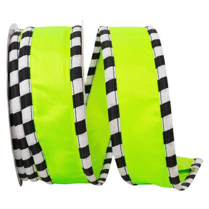 A roll of ribbon with a bright neon yellow-green center and black-and-white checkered edges, photographed on a plain white background.