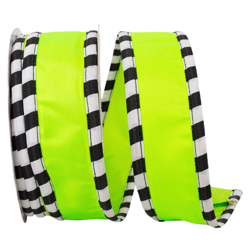 A roll of ribbon with a bright neon yellow-green center and black-and-white checkered edges, photographed on a plain white background.