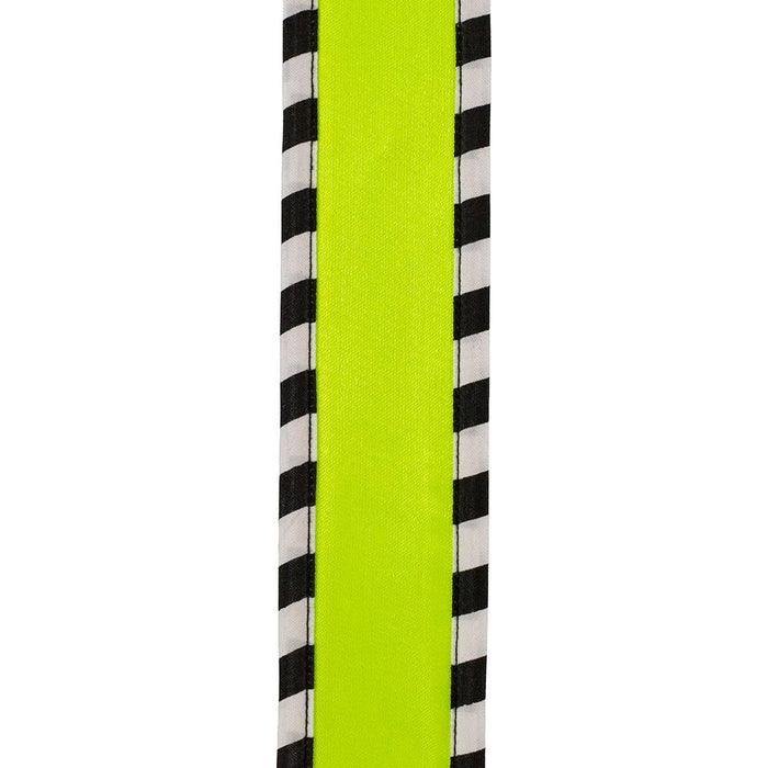 Bright citrus satin ribbon with black-and-white ticking wrapped edges, 1.5 inches wide, shown in loose loops for bows, wreaths, trees, and gift wrapping.