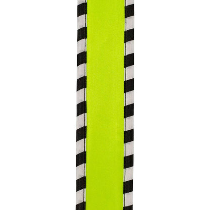 Bright citrus satin ribbon with black-and-white ticking wrapped edges, 1.5 inches wide, shown in loose loops for bows, wreaths, trees, and gift wrapping.