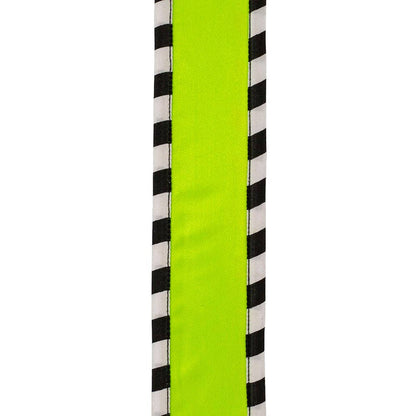 Bright citrus satin ribbon with black-and-white ticking wrapped edges, 1.5 inches wide, shown in loose loops for bows, wreaths, trees, and gift wrapping.