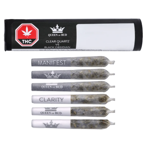 Top-down view of six pre-rolls and a black-and-white tube labeled "Clear Quartz Vs Black Obsidian Diamond Infused PR 6 x 0.25 g" by Queen of Bud.
