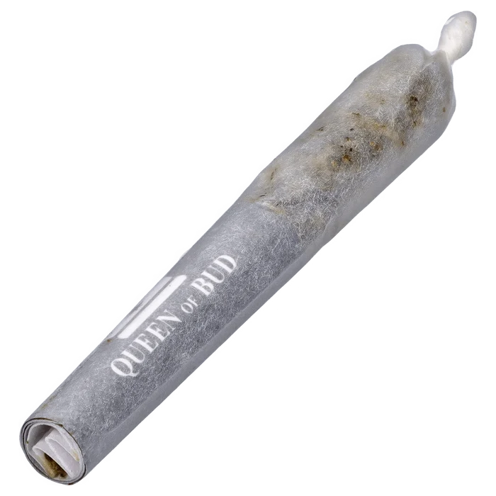 Angled close-up of the Clear Quartz Vs Black Obsidian Diamond Infused PR 6 x 0.25 g pre-roll showing textured gray paper and visible herb through the wrapper