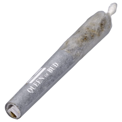 Angled close-up of the Clear Quartz Vs Black Obsidian Diamond Infused PR 6 x 0.25 g pre-roll showing textured gray paper and visible herb through the wrapper
