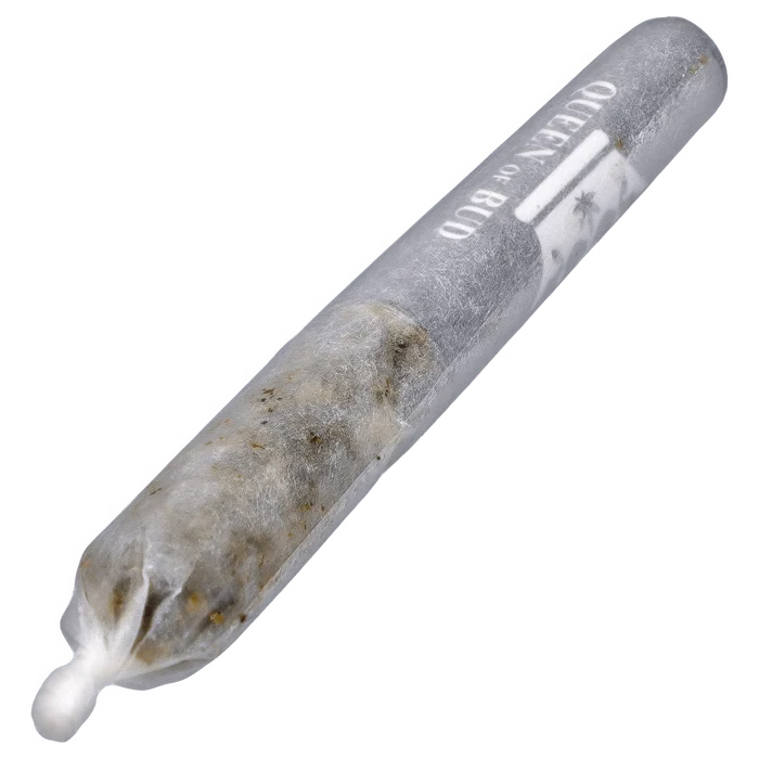 Angled close-up of a rolled joint with a white filter, labeled "Clear Quartz Vs Black Obsidian Diamond Infused PR 6 x 0.25 g" along its translucent paper.