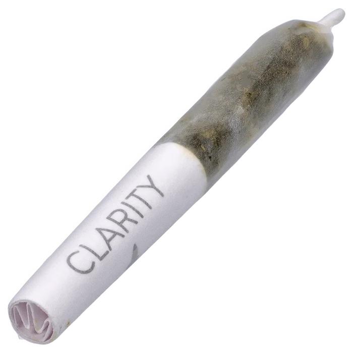 Diagonal close-up of a rolled joint labeled Clear Quartz Vs Black Obsidian Diamond Infused PR 6 x 0.25 g showing paper tip and visible dark herb through the translucent paper
