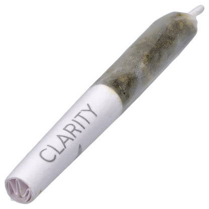Diagonal close-up of a rolled joint labeled Clear Quartz Vs Black Obsidian Diamond Infused PR 6 x 0.25 g showing paper tip and visible dark herb through the translucent paper