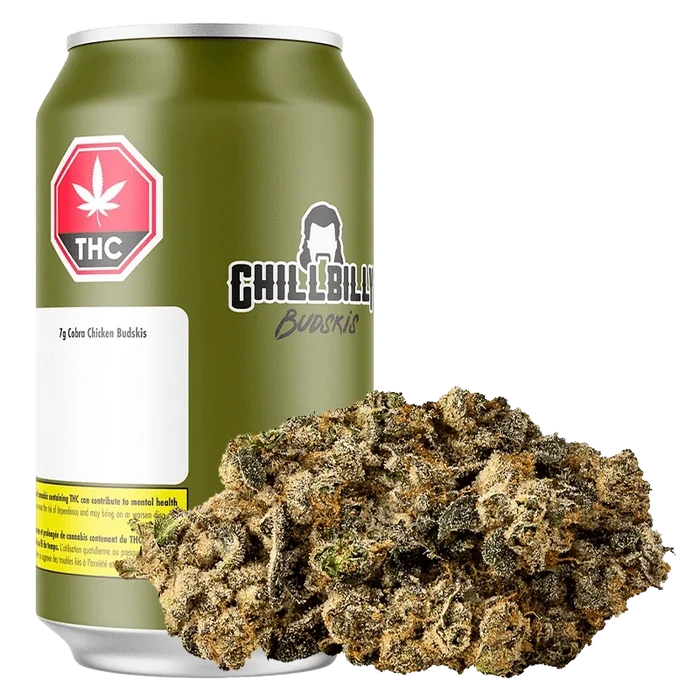 A close-up, front view of Cobra Chicken Budskis, showing a detailed, vibrant green bud against a dark background.