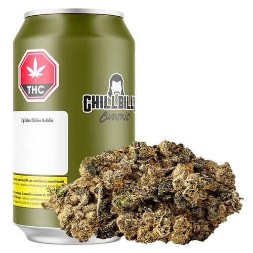 A close-up, front view of Cobra Chicken Budskis, showing a detailed, vibrant green bud against a dark background.
