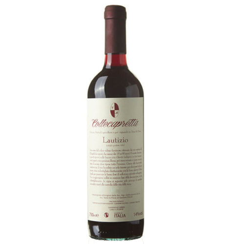 Collecapretta Lautizio red wine bottle, dark glass with cream label and foil neck