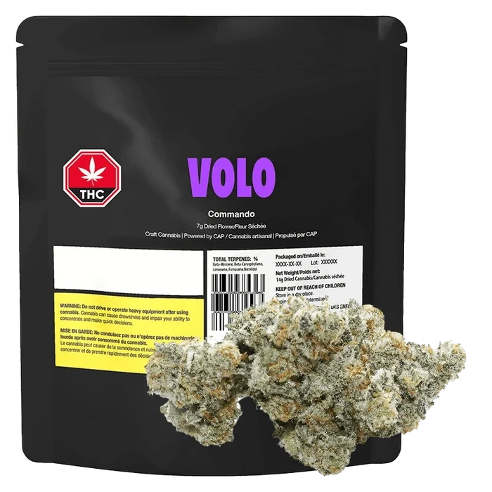 A close-up of the Commando packaging with bold text and a cannabis leaf icon on a dark background.