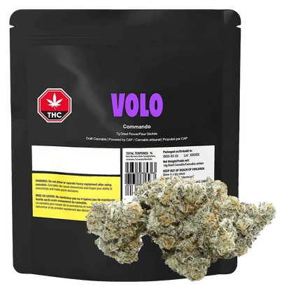 A close-up of the Commando packaging with bold text and a cannabis leaf icon on a dark background.