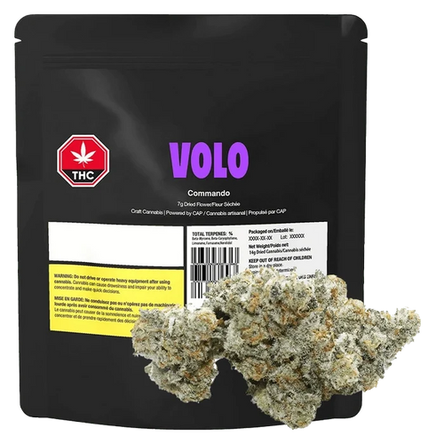 A close-up of the Commando packaging with bold text and a cannabis leaf icon on a dark background.
