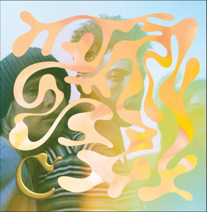 Colorful abstract wine label artwork with cream, green, and yellow swirls
