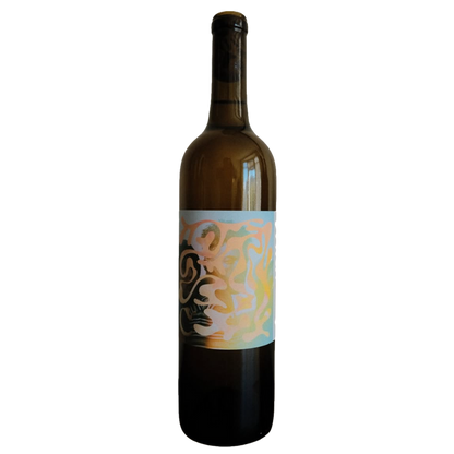 White wine bottle with colorful illustrated label and capsule top