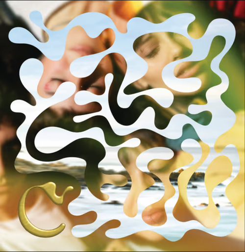 Wine label close-up with abstract blue, cream, and gold swirls