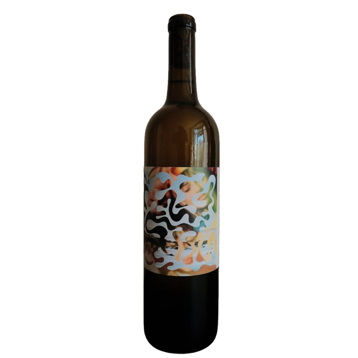 White wine bottle with dark glass and abstract multicolor label