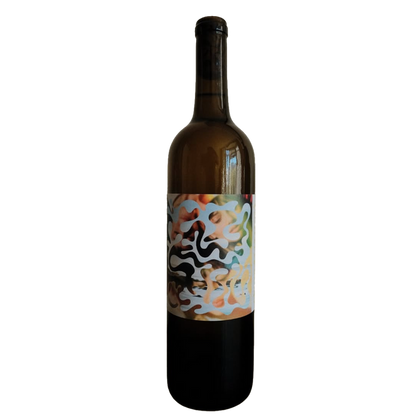 White wine bottle with dark glass and abstract multicolor label