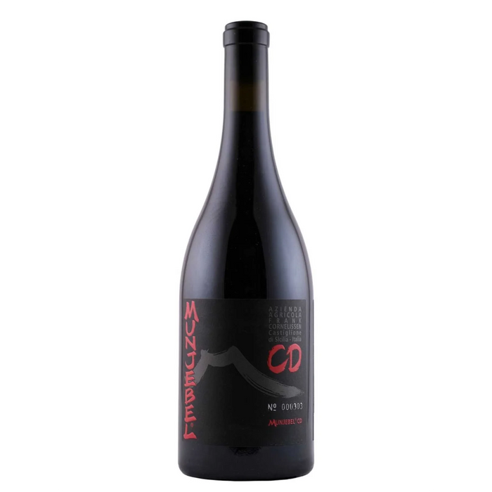 Wine bottle with dark glass and red/black label