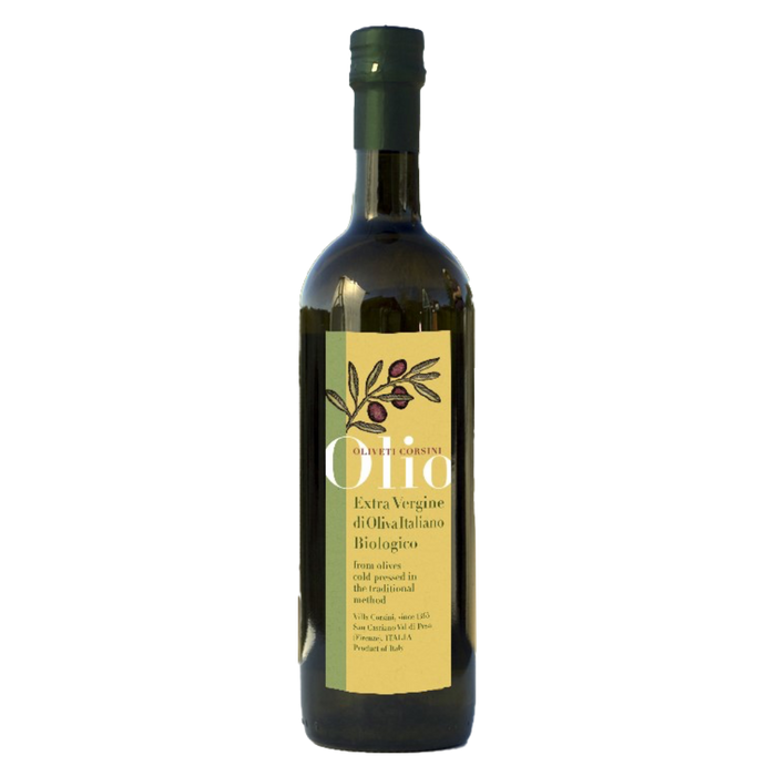 Corsini extra virgin olive oil bottle with illustrated label