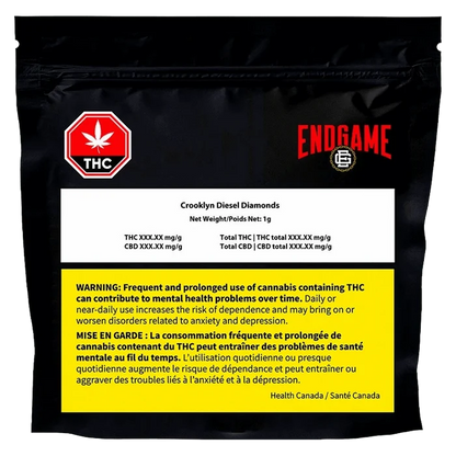 Front view of the Crooklyn Diesel Diamonds packaging with bold red text and a black background, signaling potential health risks.