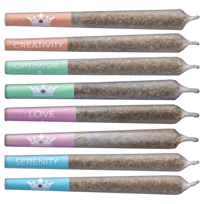 A vibrant, close-up view of the Crystal Multipack Infused Pre Rolled 8 x 0.5 g, arranged in a row against a neutral background.