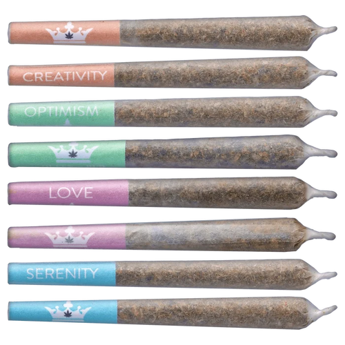 A vibrant, close-up view of the Crystal Multipack Infused Pre Rolled 8 x 0.5 g, arranged in a row against a neutral background.